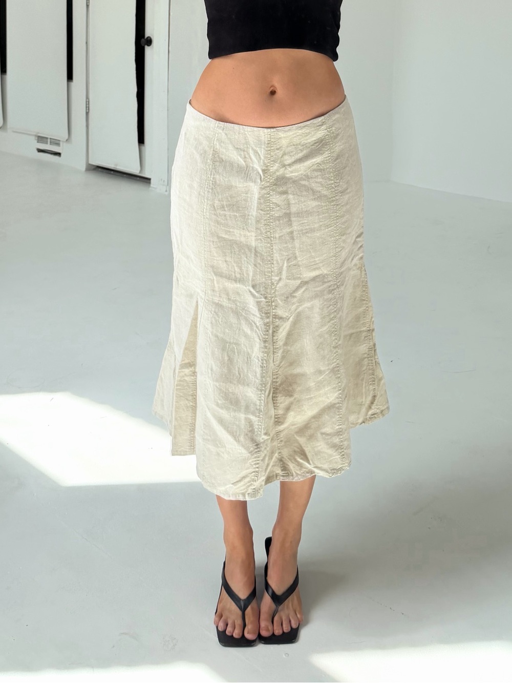 Vintage Tan Linen Midi Skirt
